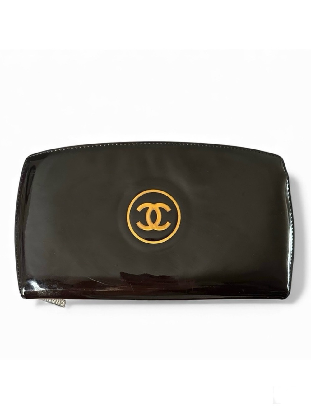 Chanel Black Patent Leather Large Zippy Wallet Clutch